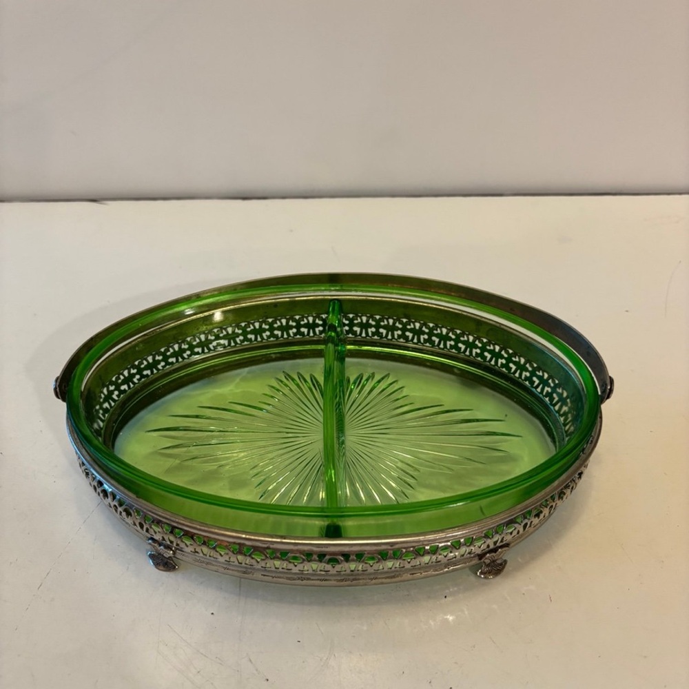 1930's Depression Green Glass Oval 2 Part Relish Dish & Carrier